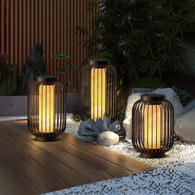 Modern Caged Floor Standing Outdoor Lantern in Brown Stainless Steel