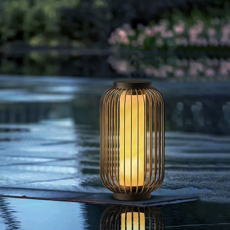 Modern Caged Floor Standing Outdoor Lantern in Brown Stainless Steel