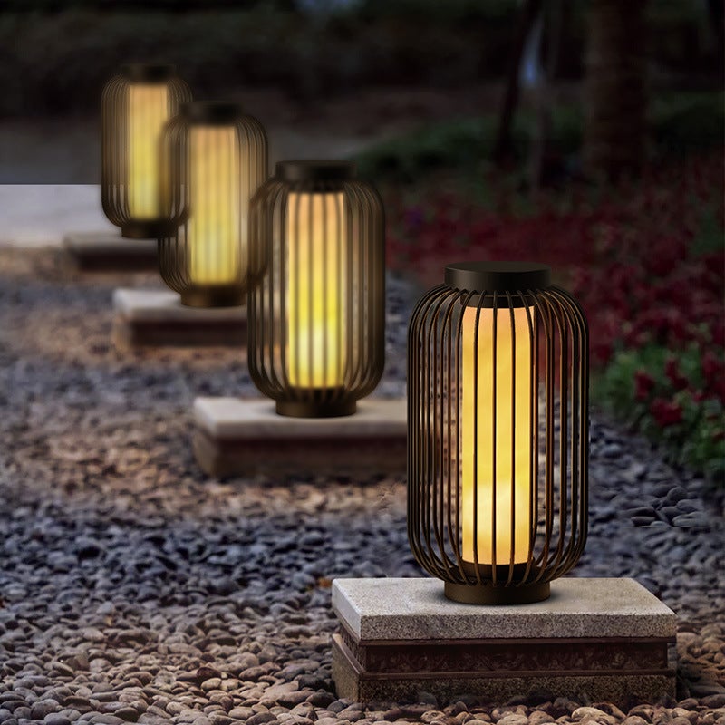 Modern Caged Floor Standing Outdoor Lantern in Brown Stainless Steel