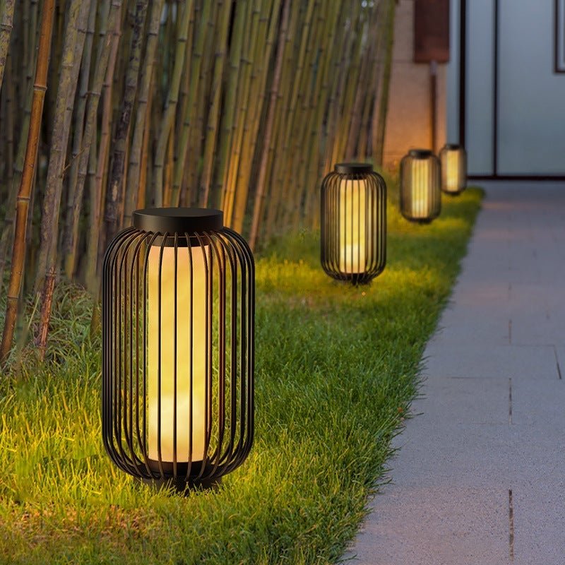 Modern Caged Floor Standing Outdoor Lantern in Brown Stainless Steel