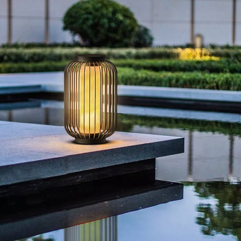 Modern Caged Floor Standing Outdoor Lantern in Brown Stainless Steel