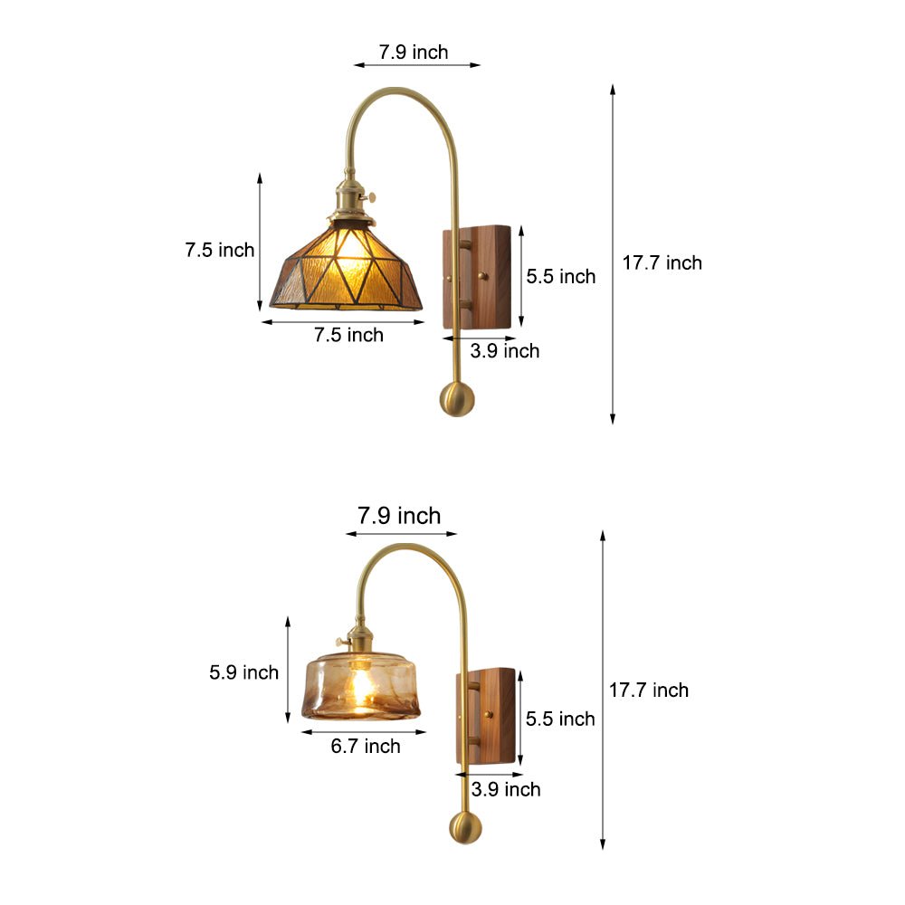 Vintage Brass Wall Sconce with Stained Glass Shade - 1 Light