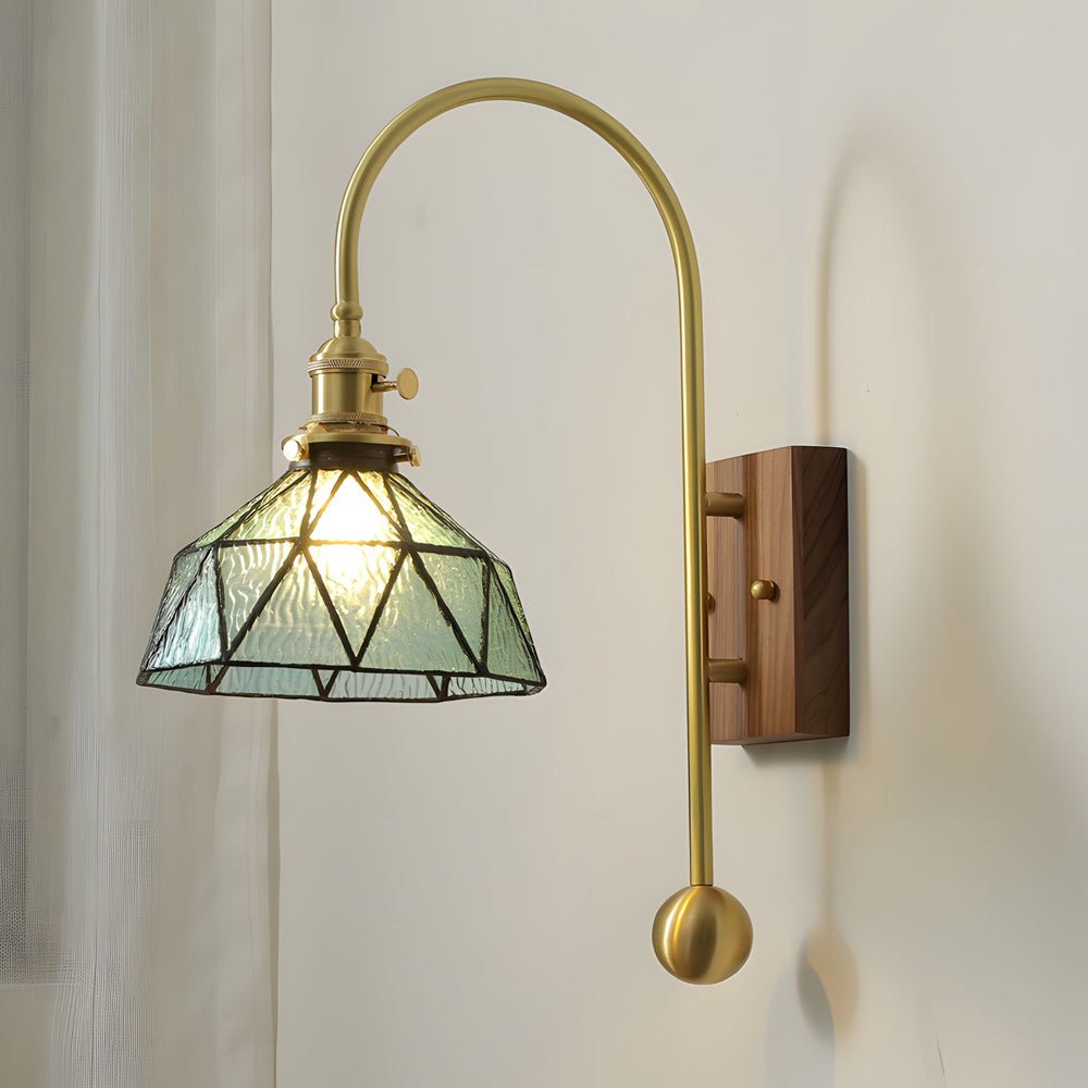 Vintage Brass Wall Sconce with Stained Glass Shade - 1 Light