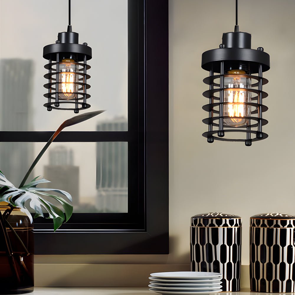 Industrial Metal Cage Pendant Light - Vintage Hanging Lamp