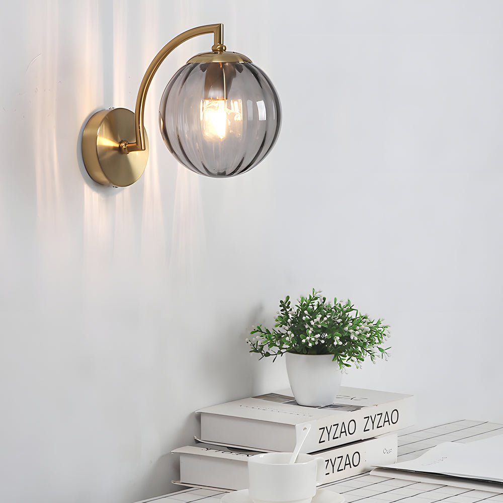 Modern Curved Arm Wall Sconce with Ribbed Glass Ball Shade