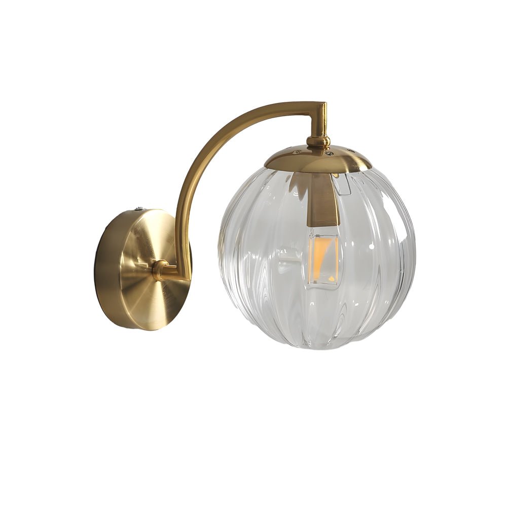 Modern Curved Arm Wall Sconce with Ribbed Glass Ball Shade
