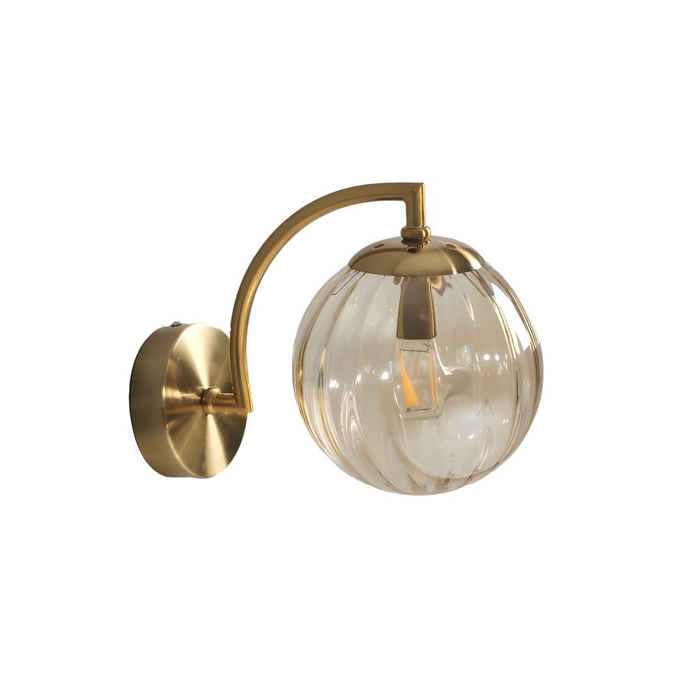 Modern Curved Arm Wall Sconce with Ribbed Glass Ball Shade