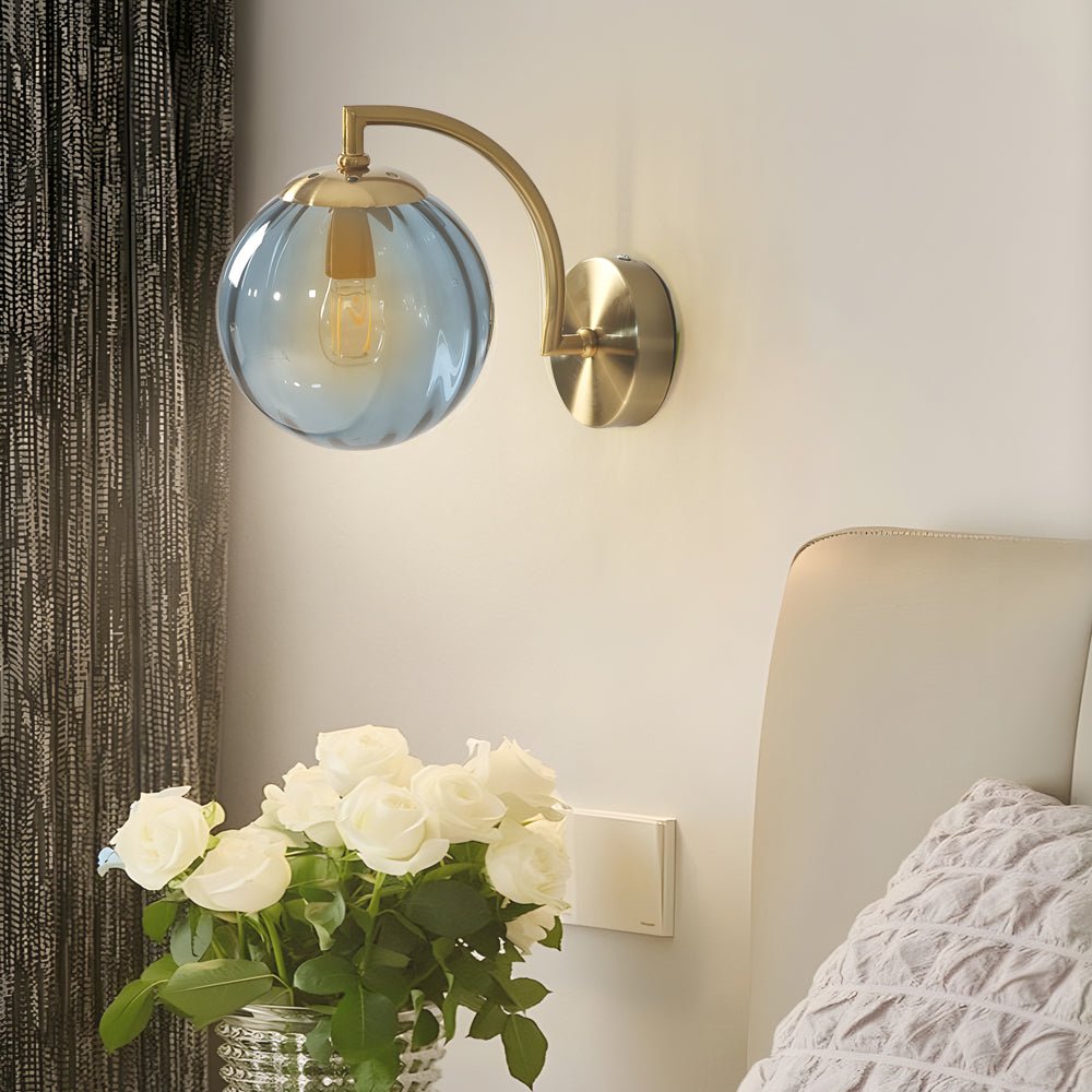 Modern Curved Arm Wall Sconce with Ribbed Glass Ball Shade