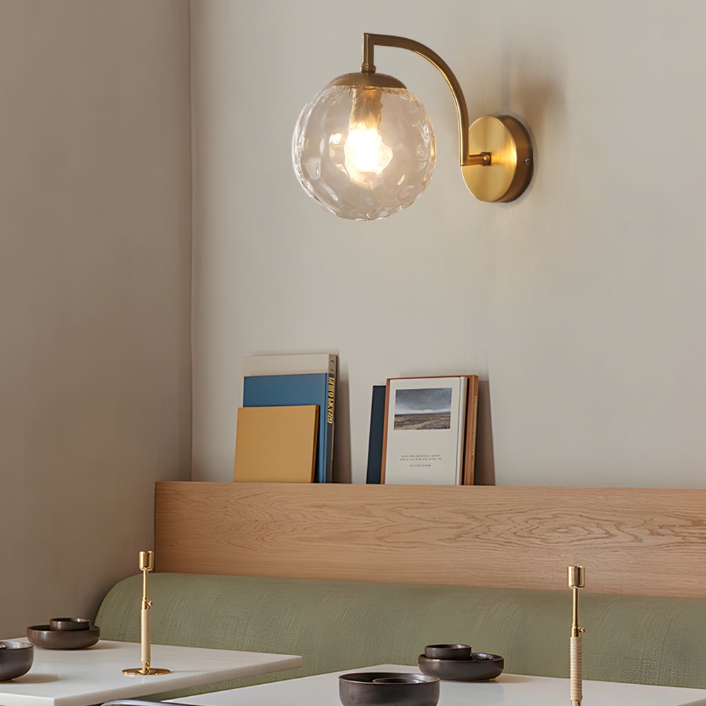 Modern Curved Arm Wall Sconce with Ribbed Glass Ball Shade