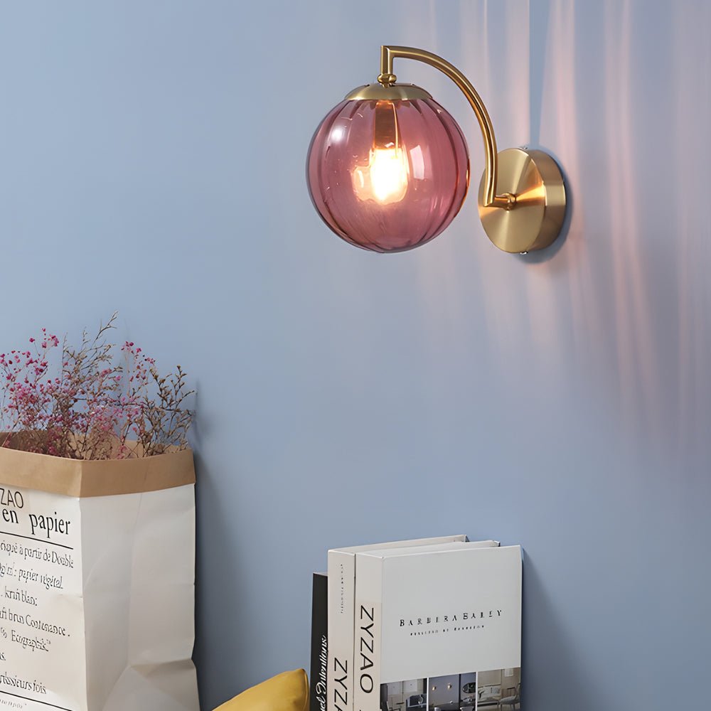 Modern Curved Arm Wall Sconce with Ribbed Glass Ball Shade