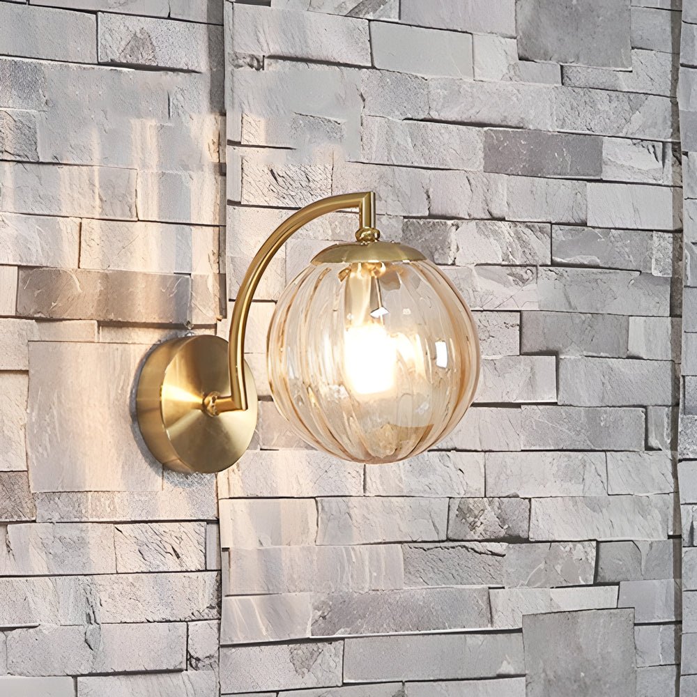 Modern Curved Arm Wall Sconce with Ribbed Glass Ball Shade