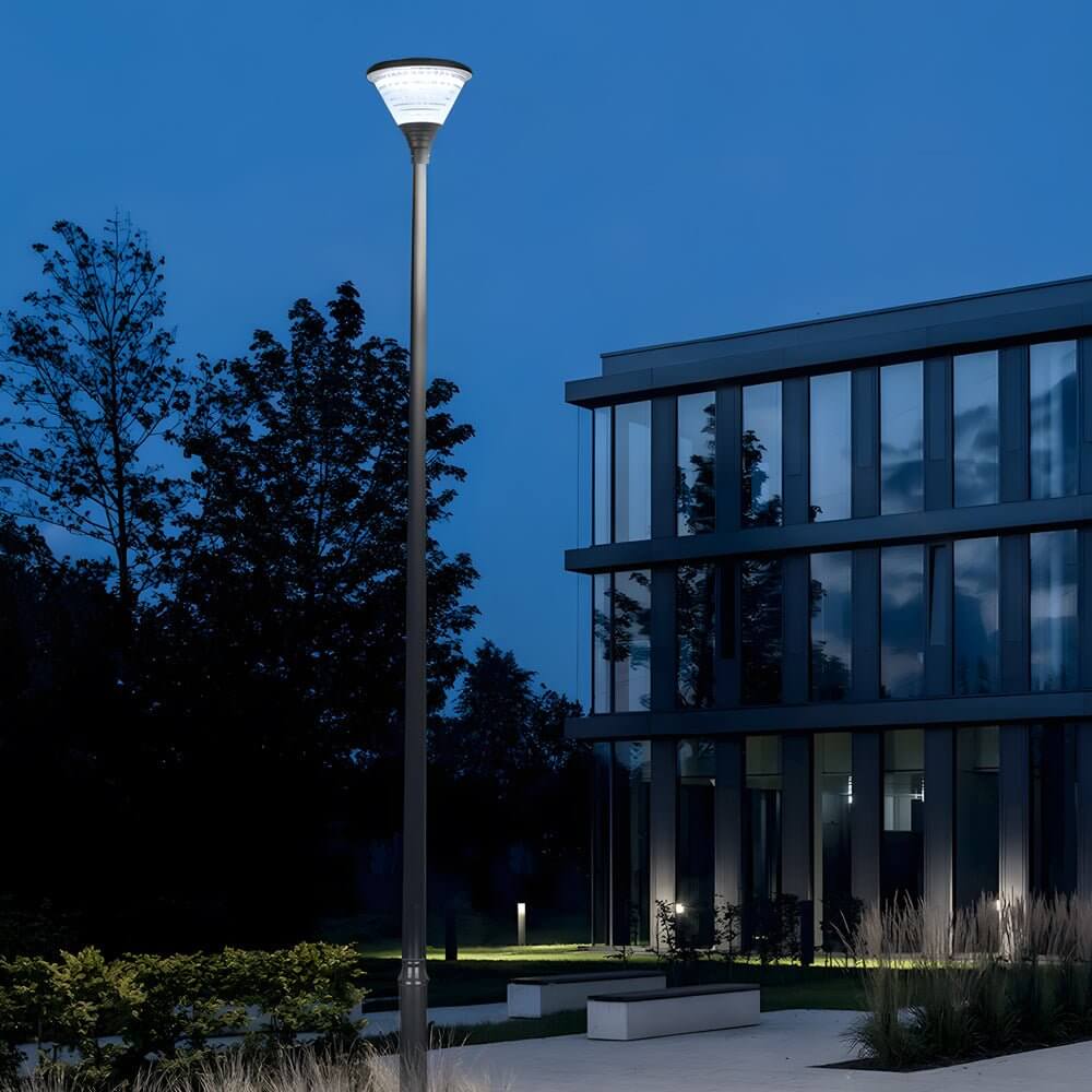 Solar LED Outdoor Lamp Post - Modern Round Design in Black