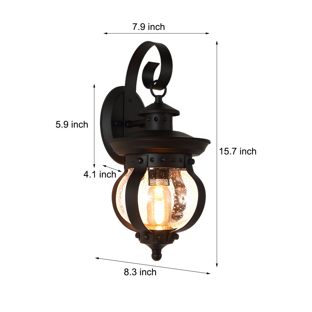 Seeded Glass Globe Outdoor Wall Lantern - Curved Arm Black