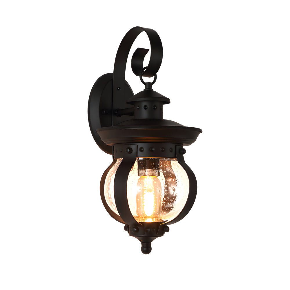 Seeded Glass Globe Outdoor Wall Lantern - Curved Arm Black