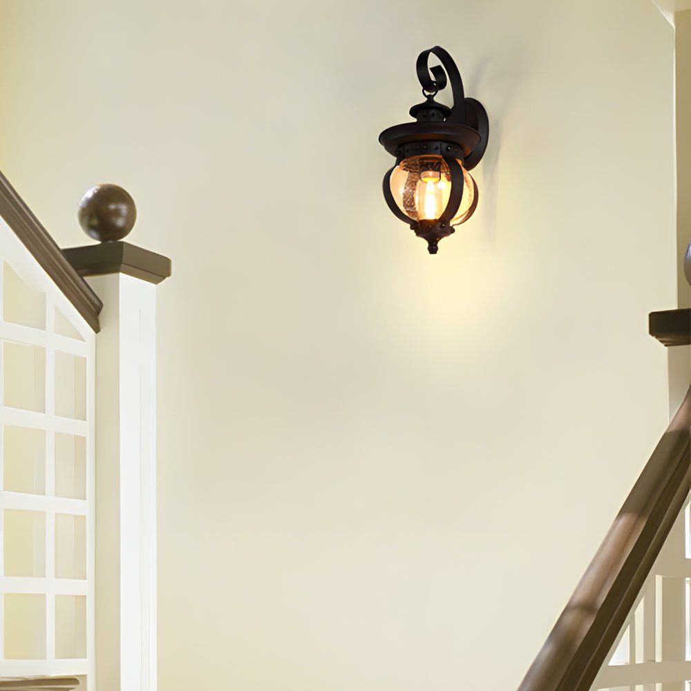 Seeded Glass Globe Outdoor Wall Lantern - Curved Arm Black