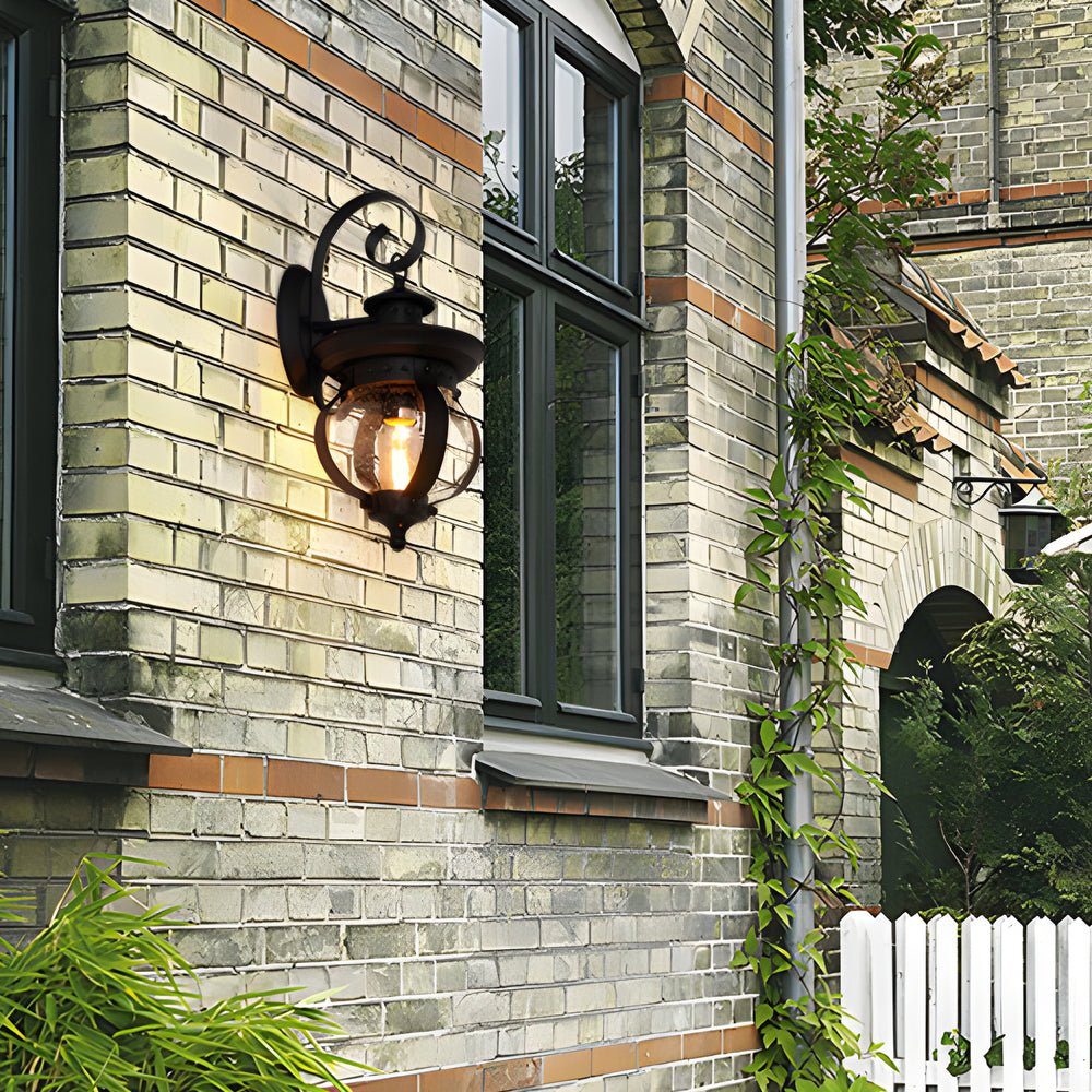 Seeded Glass Globe Outdoor Wall Lantern - Curved Arm Black