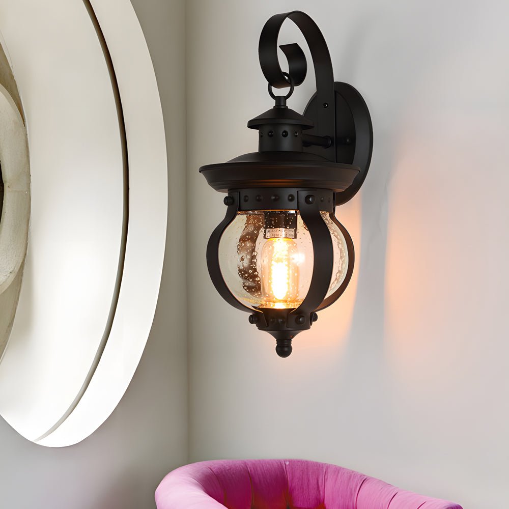 Seeded Glass Globe Outdoor Wall Lantern - Curved Arm Black