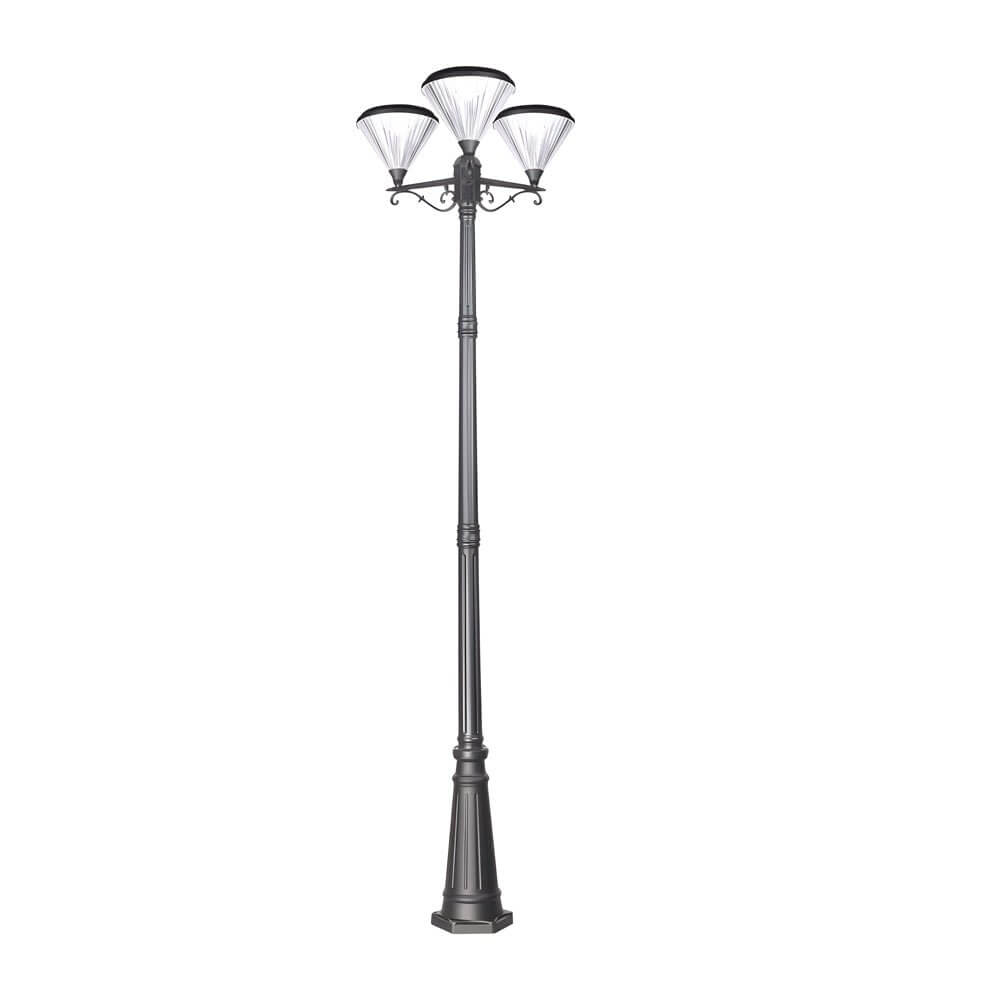102-Inch Modern Black Outdoor Solar Street Light with 3-Head Post Lamp