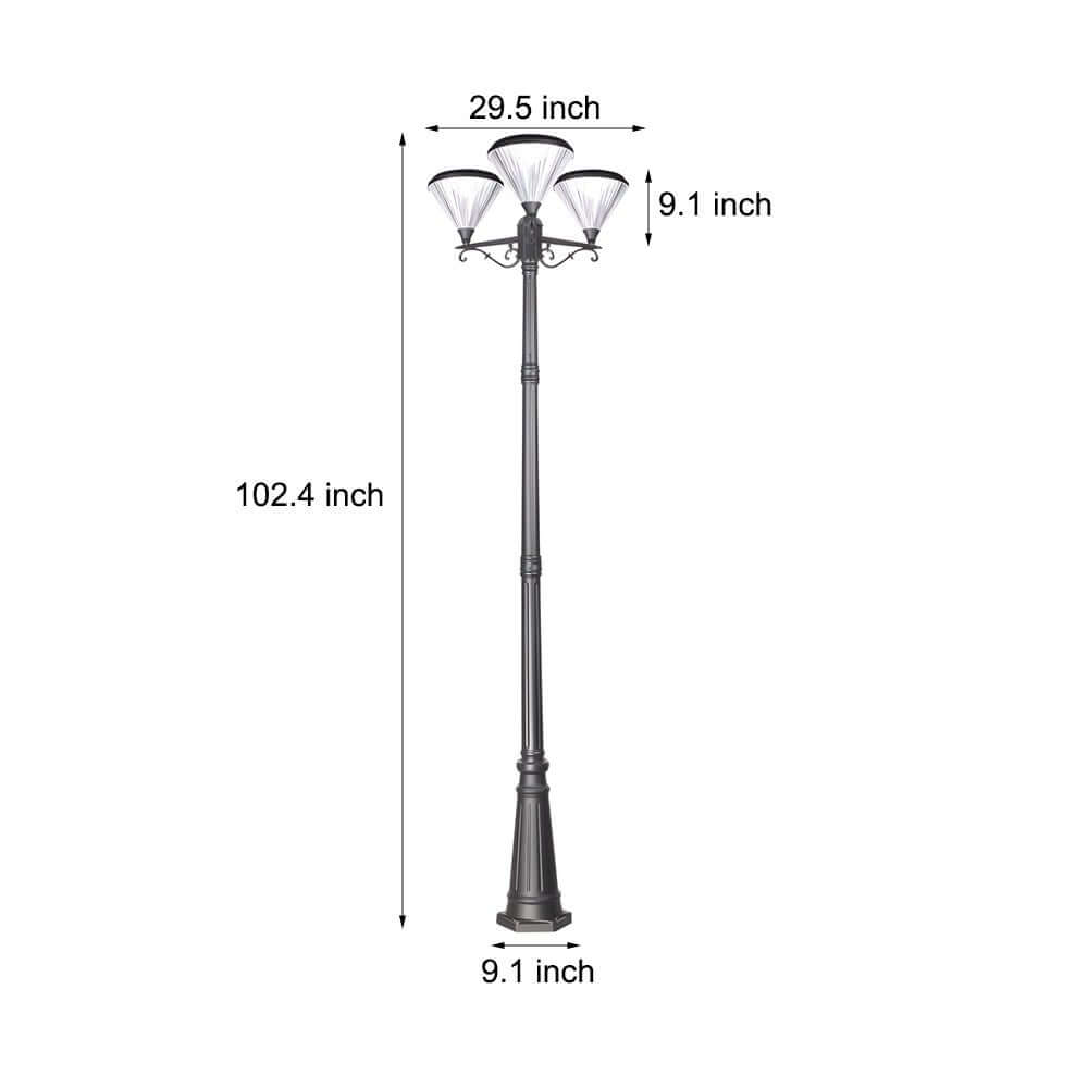 102-Inch Modern Black Outdoor Solar Street Light with 3-Head Post Lamp