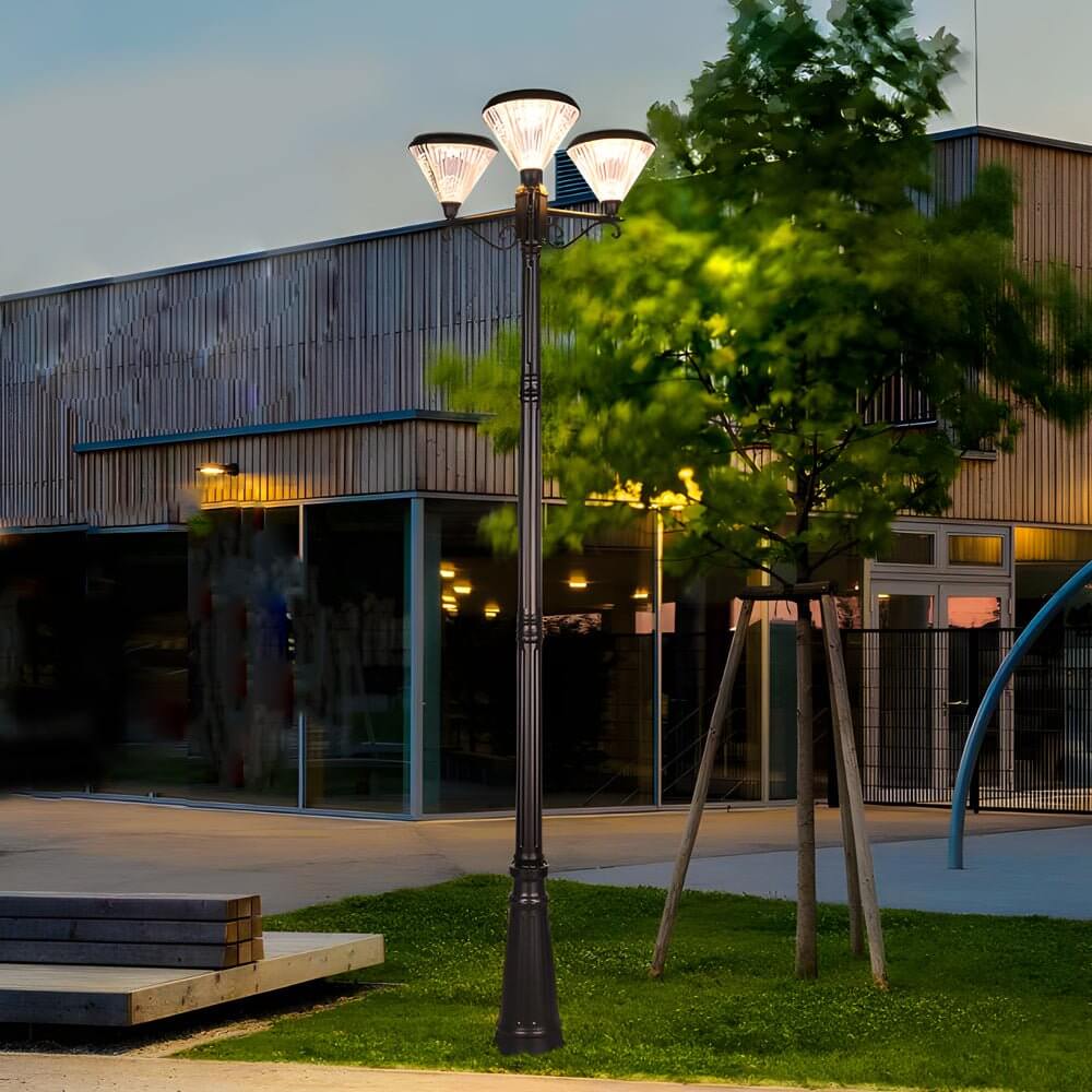 102-Inch Modern Black Outdoor Solar Street Light with 3-Head Post Lamp