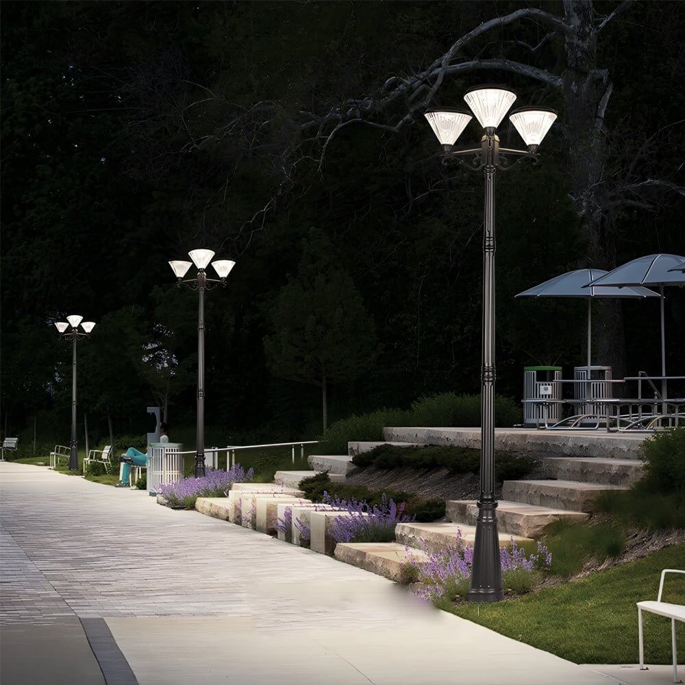 102-Inch Modern Black Outdoor Solar Street Light with 3-Head Post Lamp