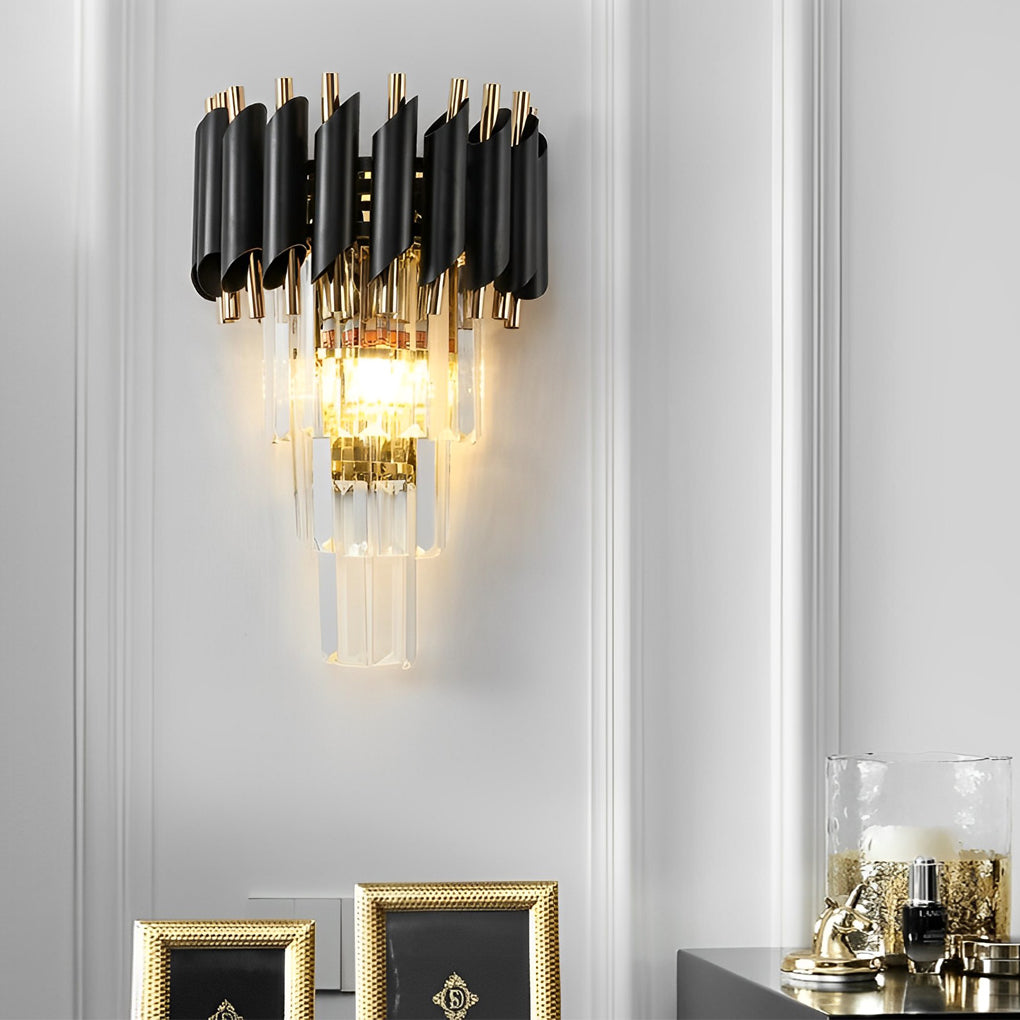 Crystal Metal Wall Sconce with Geometric Design – Gold & Black