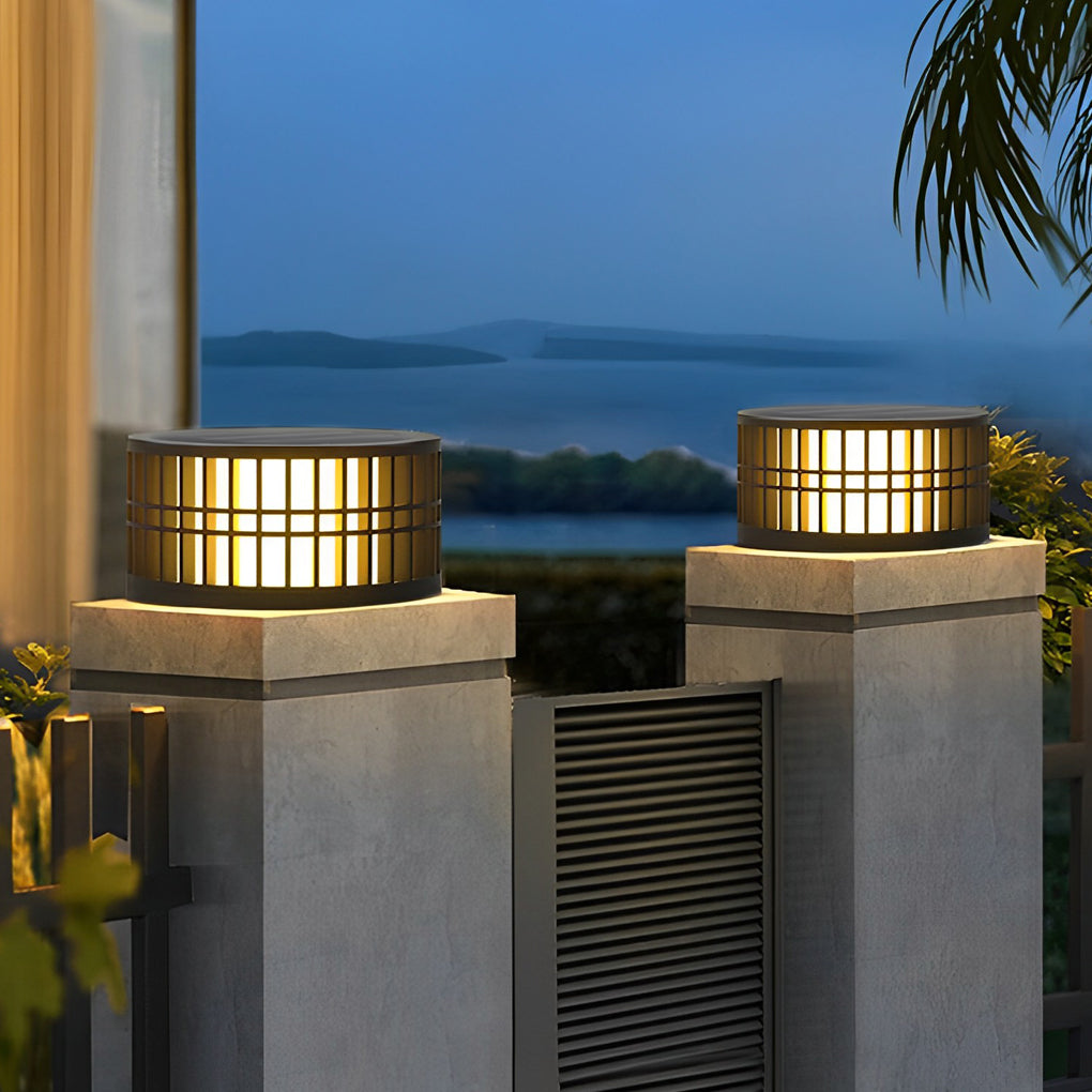 Modern Round Solar LED Outdoor Post Light - Black Stainless Steel