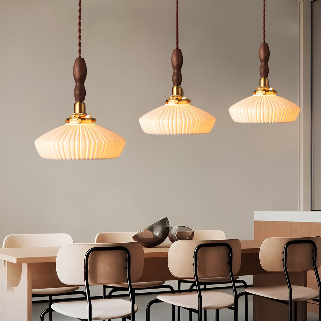 Modern Ceramic Pendant Light with Walnut & Copper Accent - 12W LED