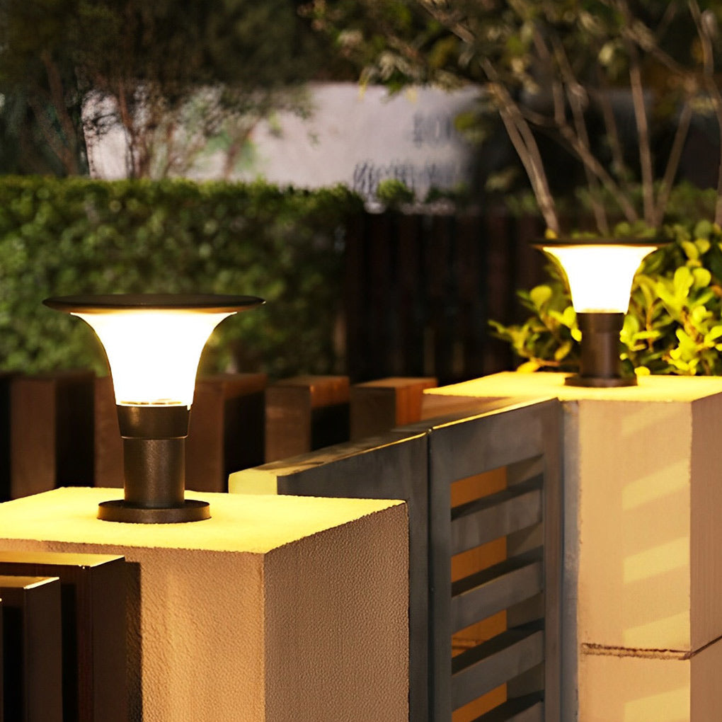 Round Solar Fence Post Light - Modern Black Aluminum Outdoor Pillar