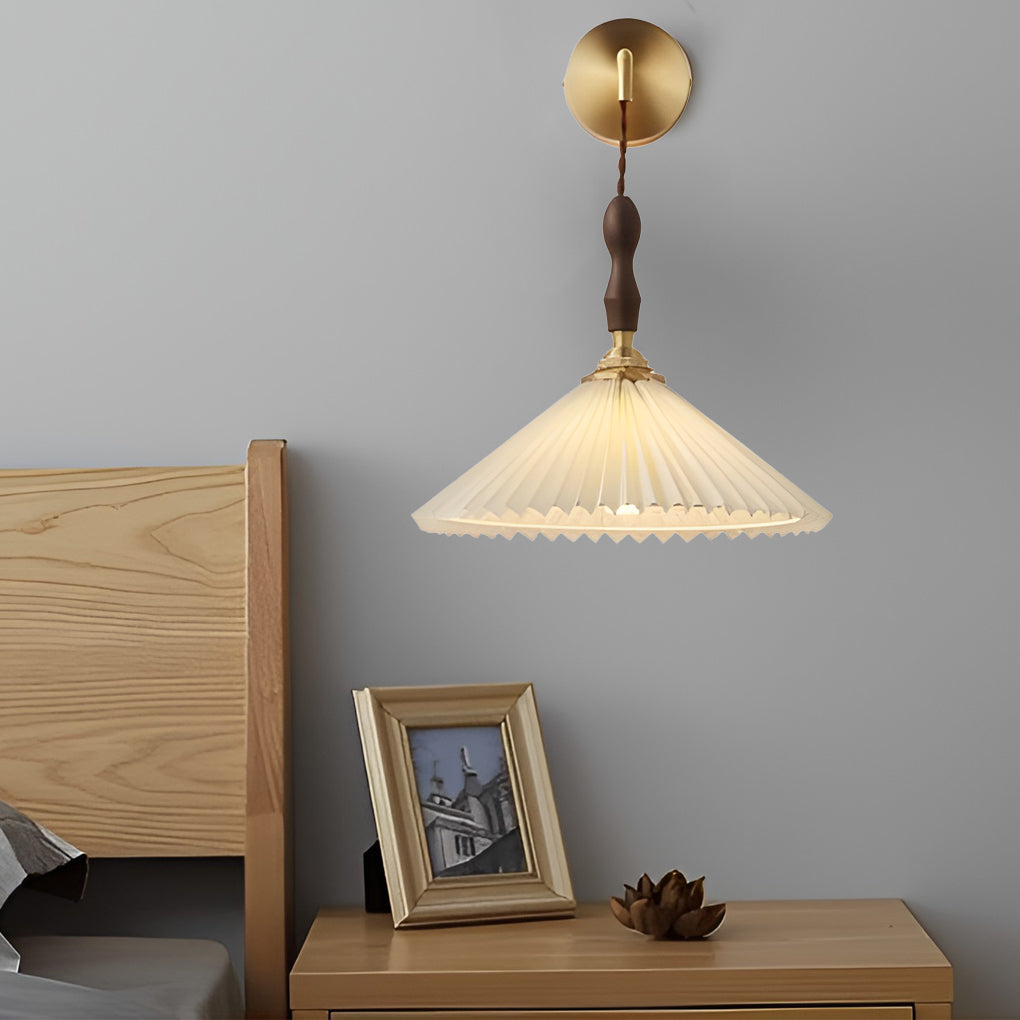 Nordic Pleated Pendant Light with Walnut Wood and Copper Accent