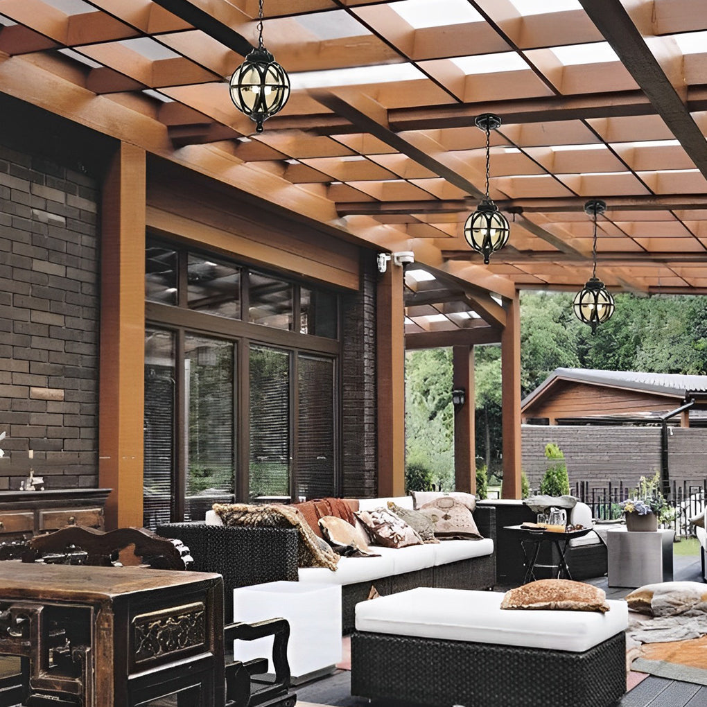 Retro Aluminum Glass Ball Pendant Outdoor Ceiling Light
