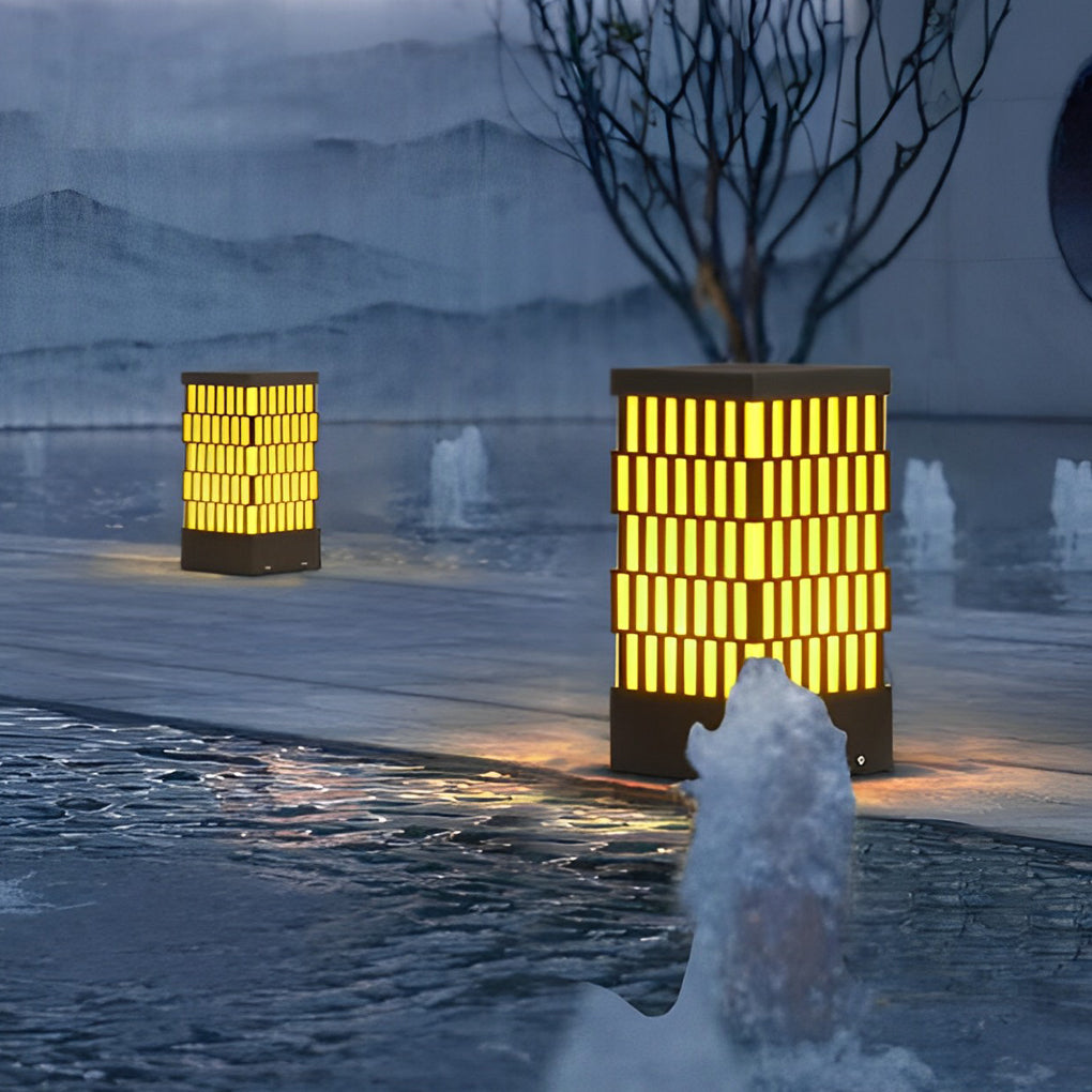 Modern Grid LED Outdoor Bollard Light Black Waterproof Lawn Lamp