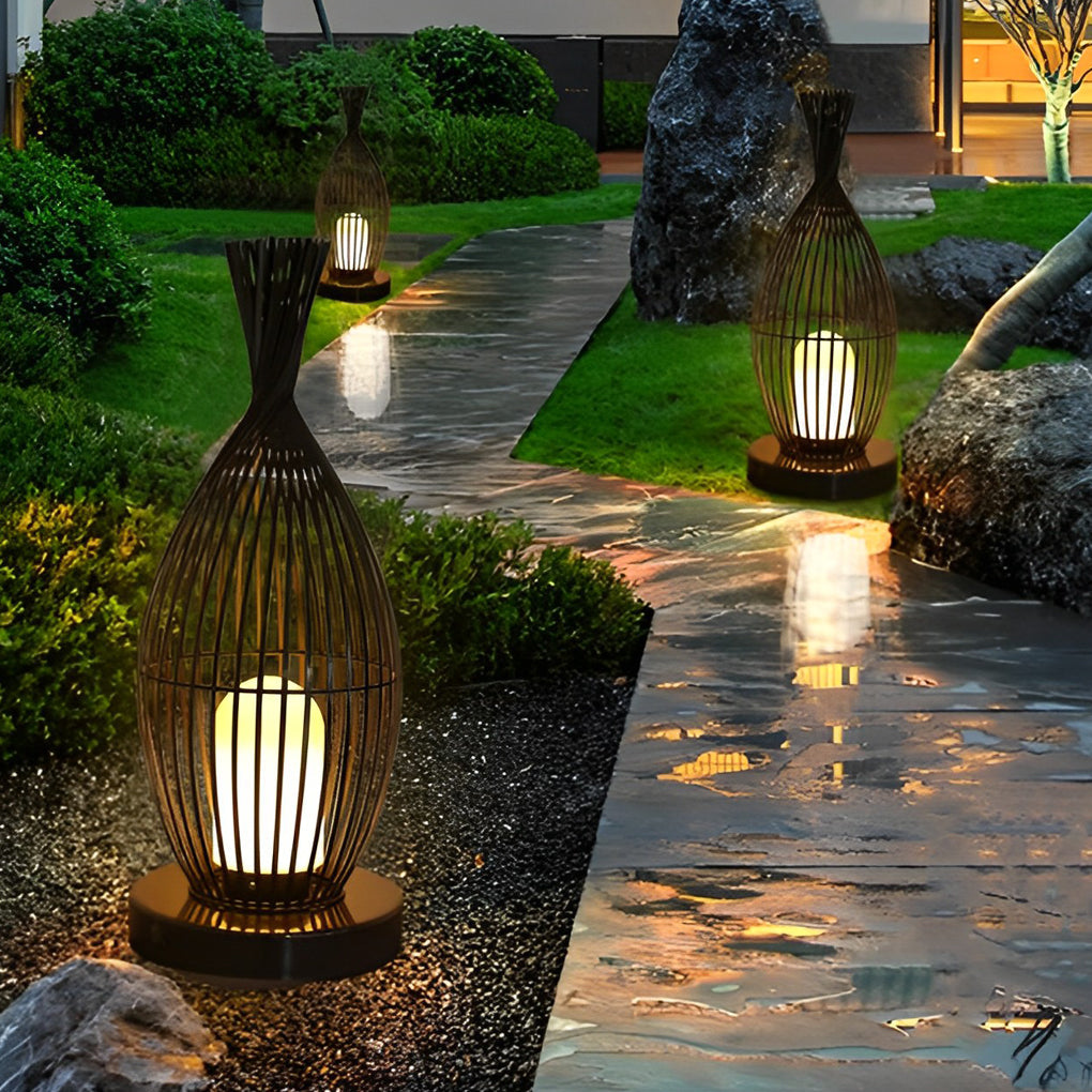Industrial Caged Outdoor LED Floor Lamp - Waterproof Black Metal