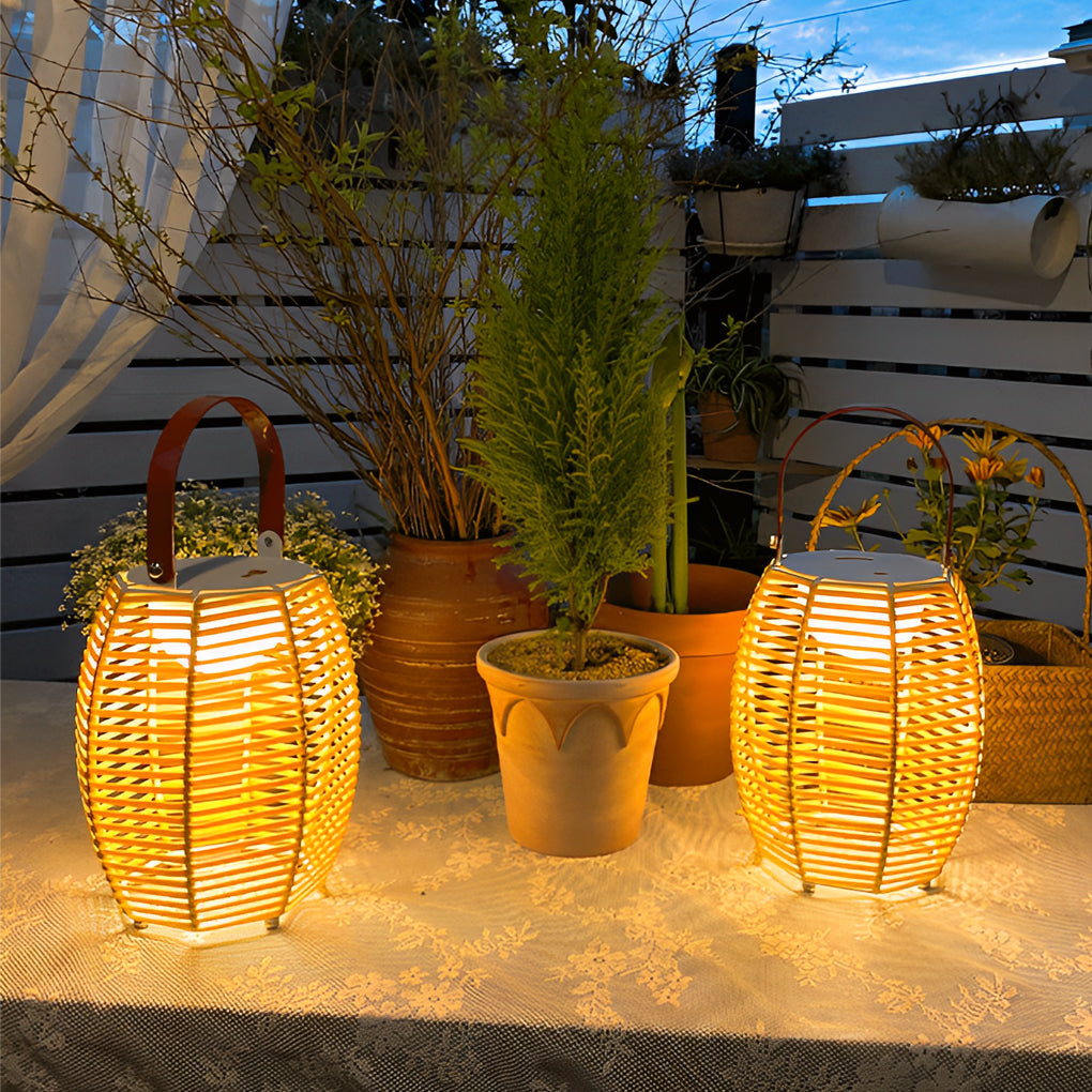 Portable Rattan Solar Lantern Waterproof LED Outdoor Floor Lamp