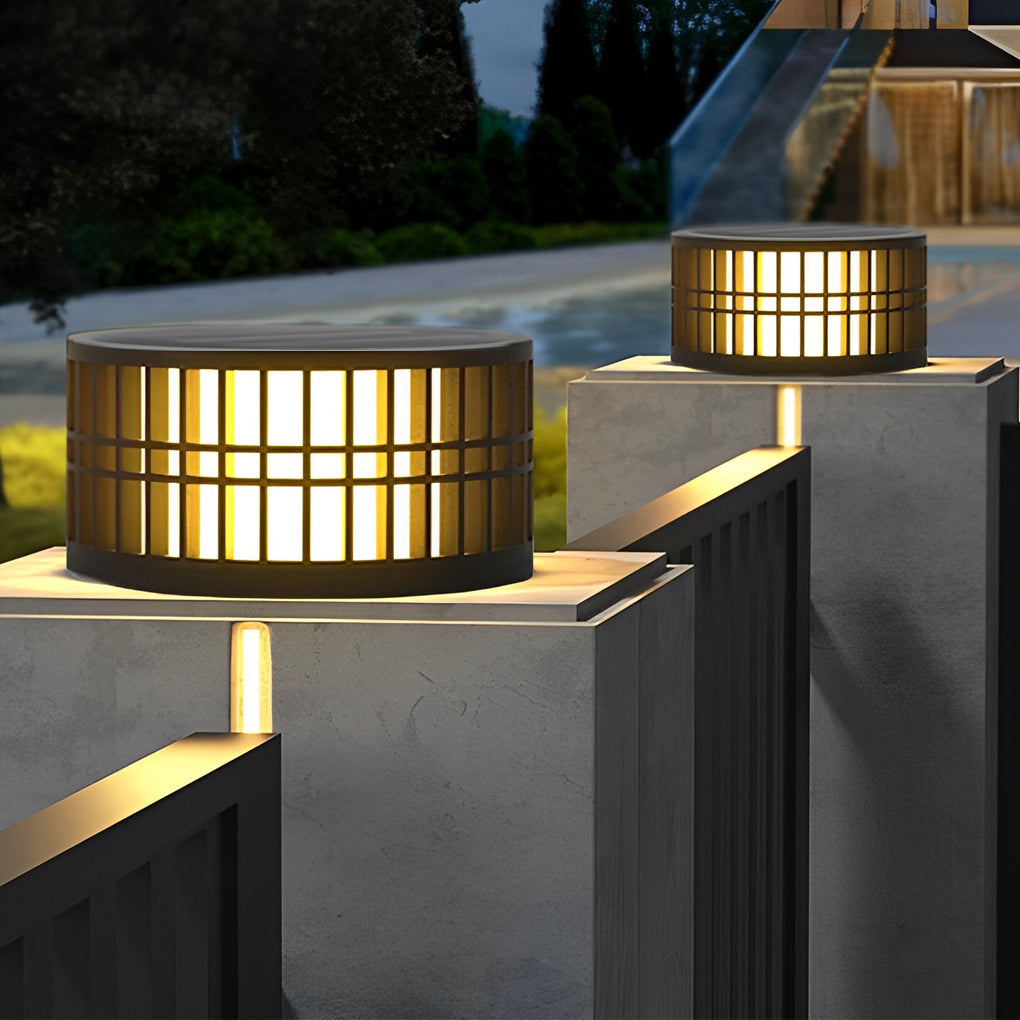 Modern Round Solar LED Outdoor Post Light - Black Stainless Steel