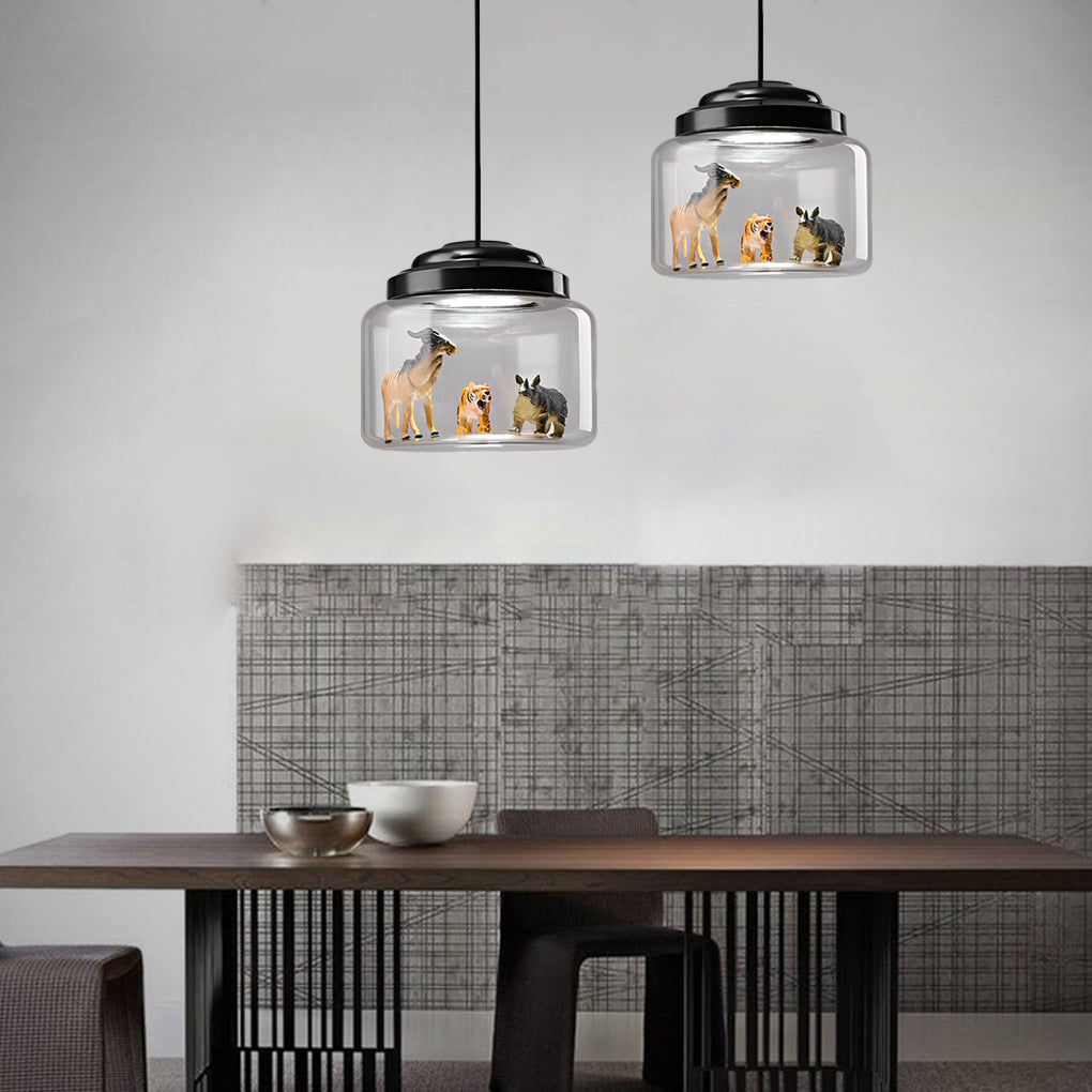 Animal Figurine Glass Jar LED Pendant Light - Modern Black