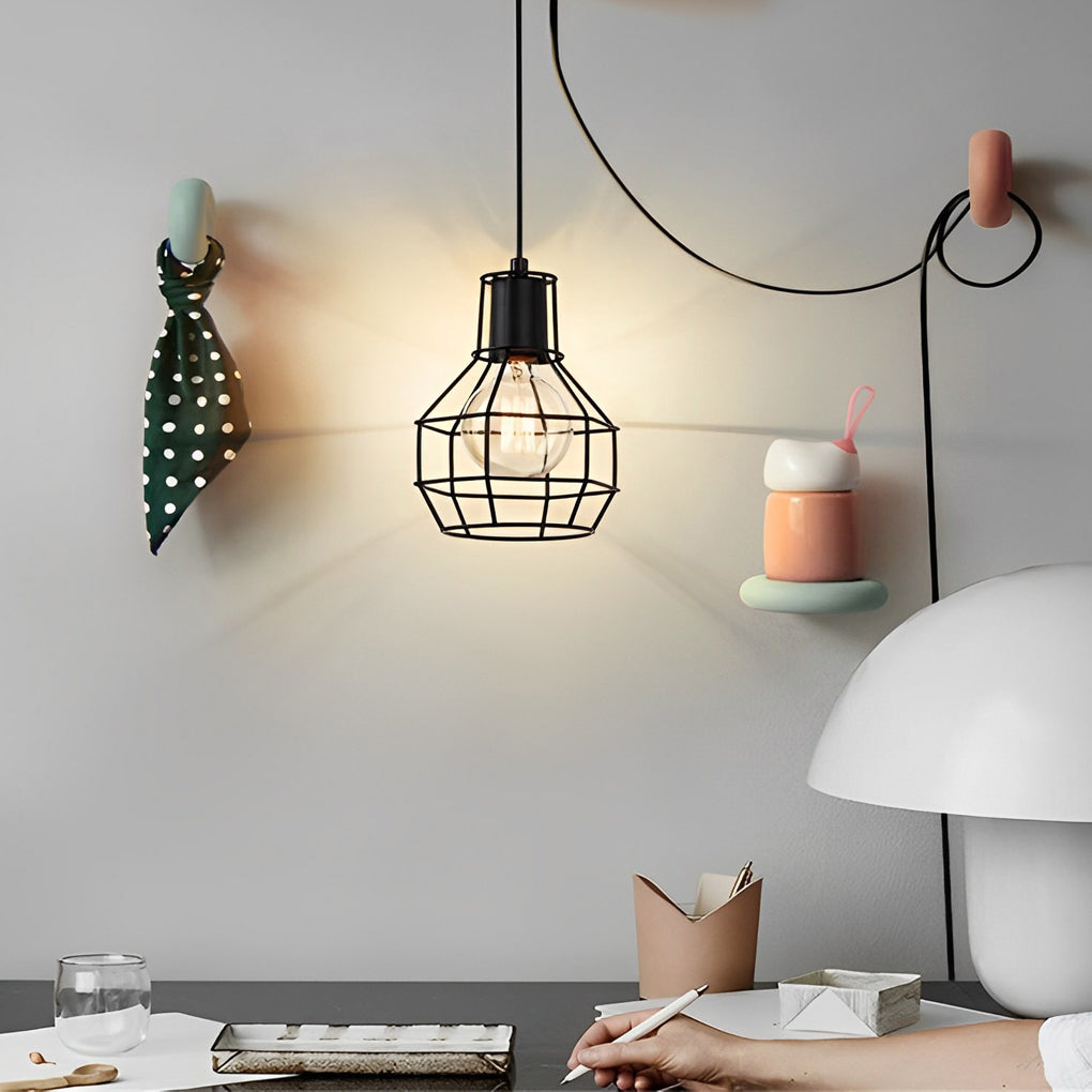 Industrial Cage Pendant Light with Button Switch Black Metal