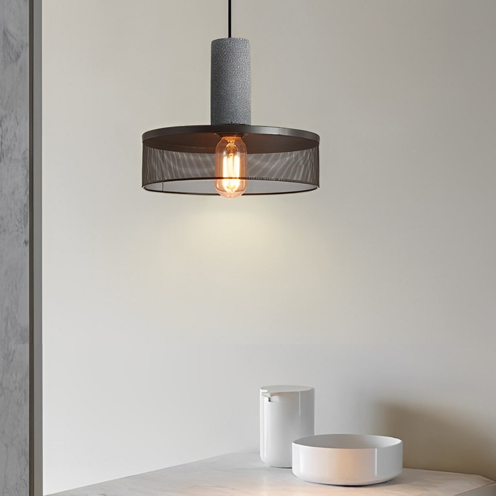 Industrial Concrete & Metal Mesh Pendant Light - Black Cage