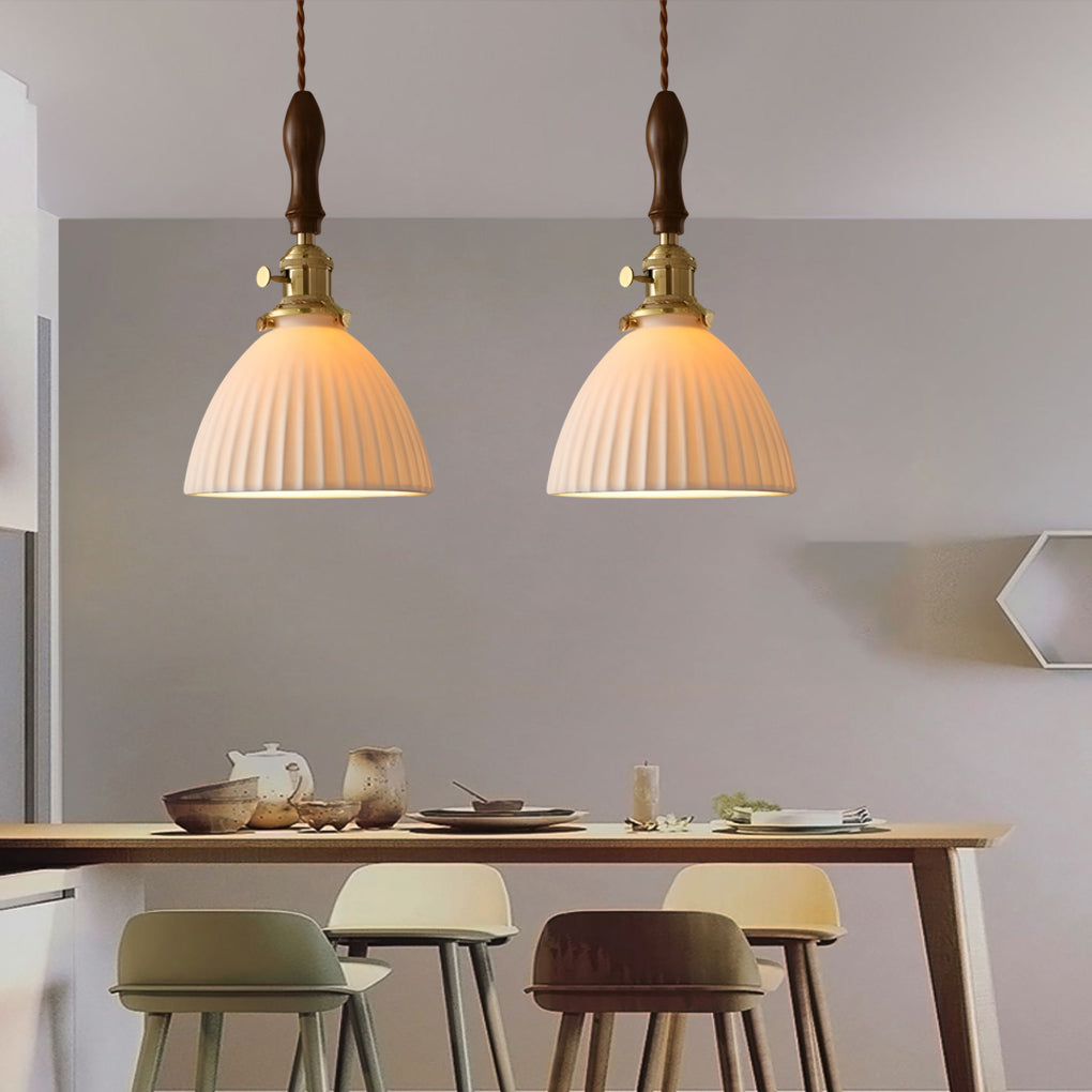 Modern Ceramic Pendant Light with Walnut & Copper Accent - 12W LED