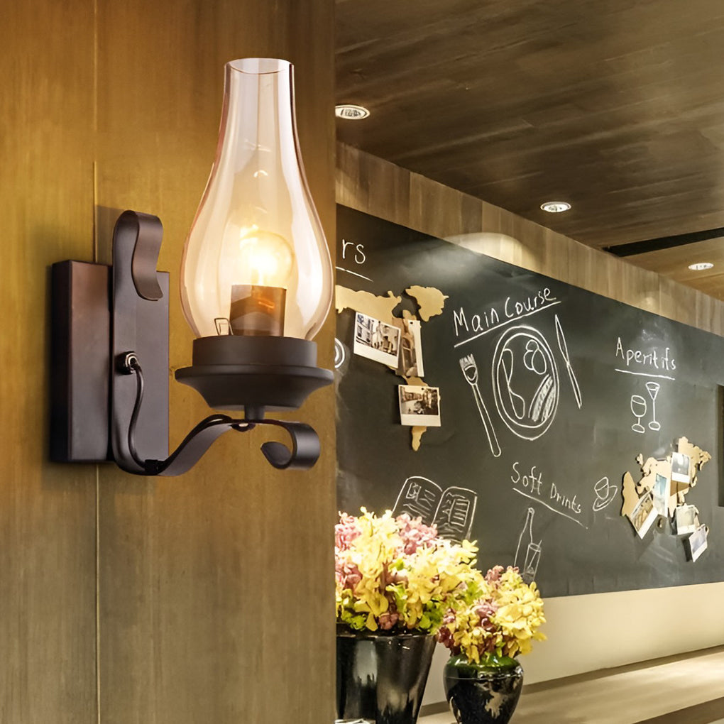 Industrial Glass Wall Sconce with E27 Socket – Black Metal Finish