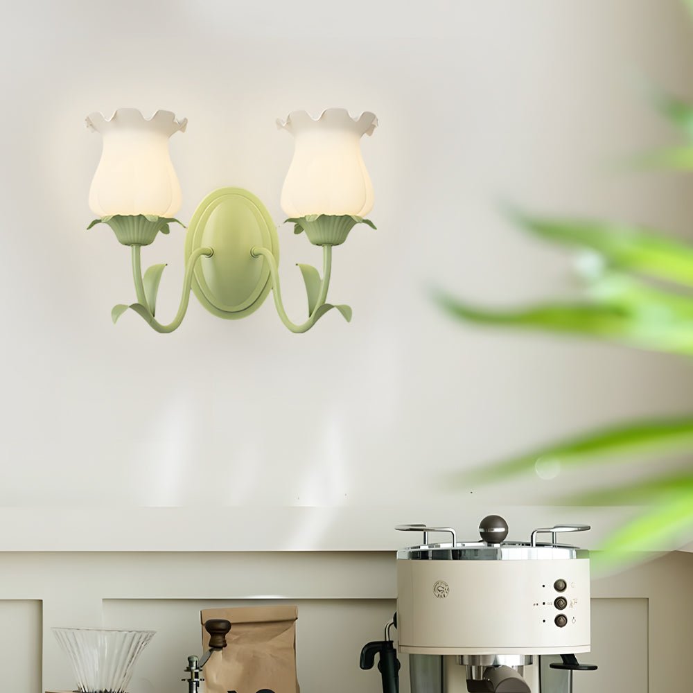 Green Glass Flower Wall Sconce with Three-Step Dimming