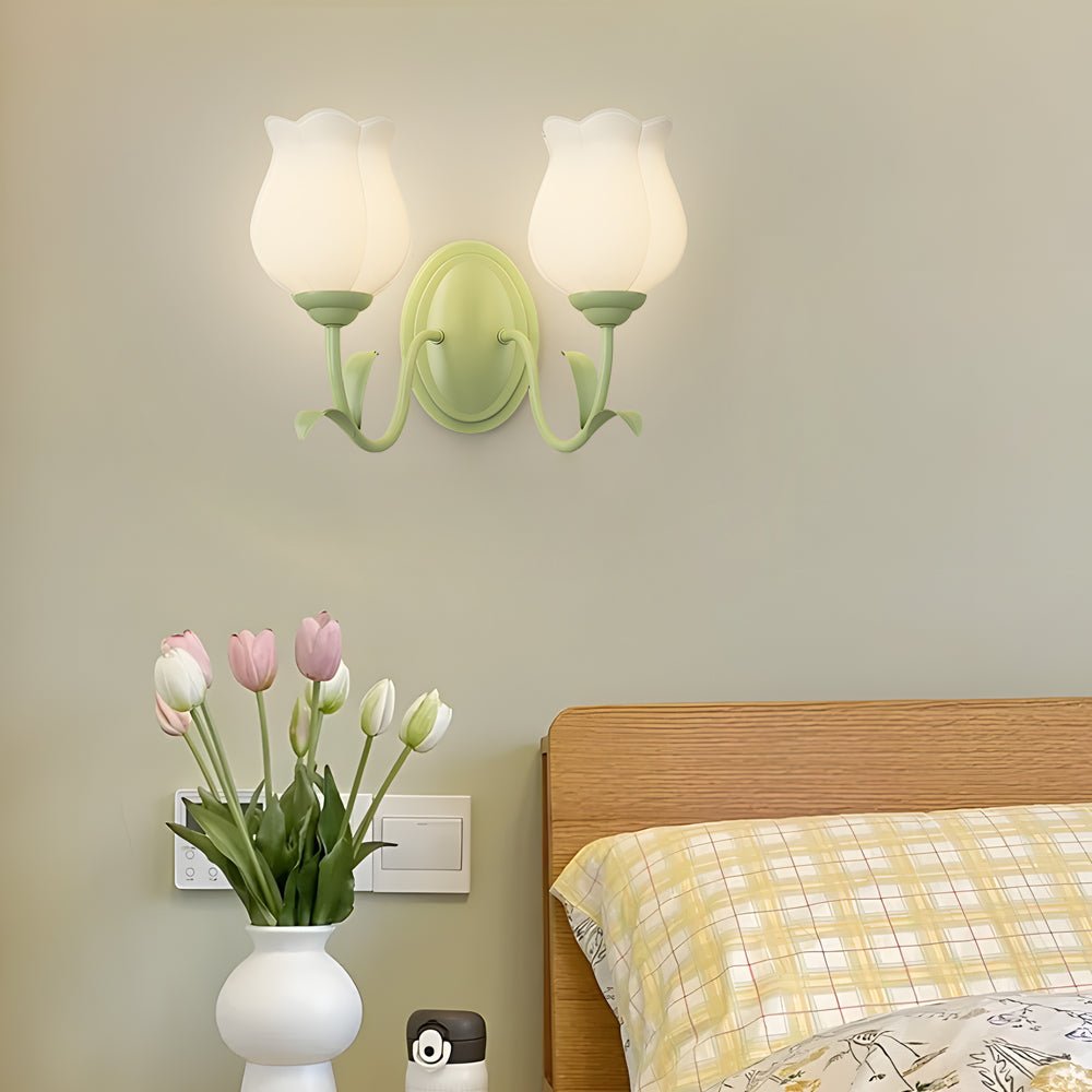 Green Glass Flower Wall Sconce with Three-Step Dimming