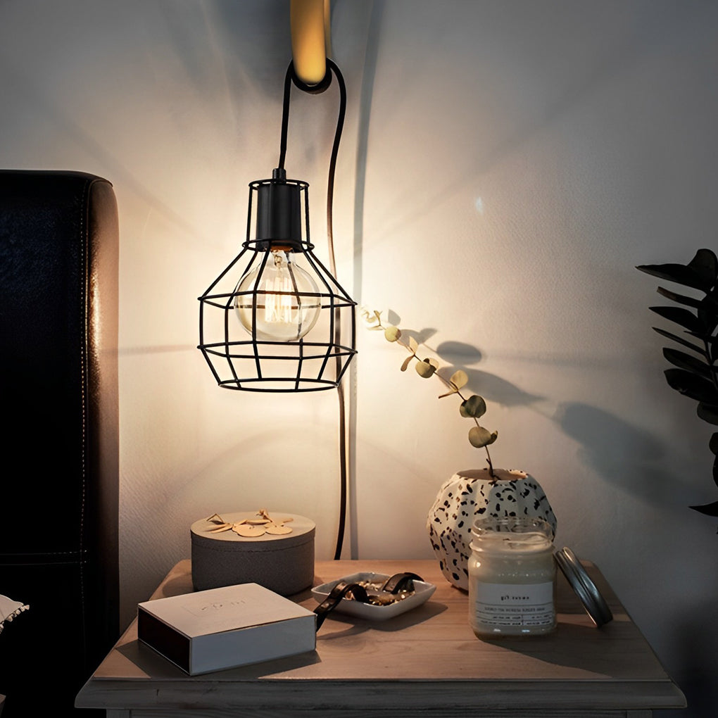 Industrial Cage Pendant Light with Button Switch Black Metal