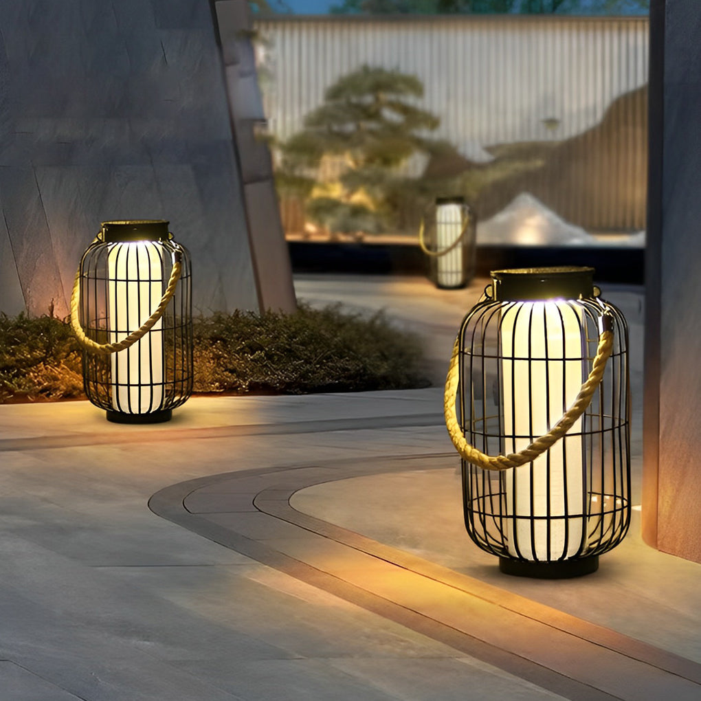 Solar Outdoor Lantern with Hemp Rope Handle - Waterproof LED Light