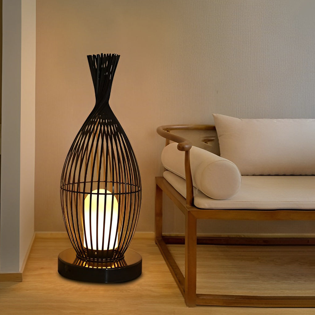 Industrial Caged Outdoor LED Floor Lamp - Waterproof Black Metal