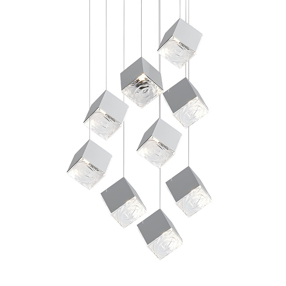 Modern Glass Cube Staircase Chandelier in Gold or Chrome Finish