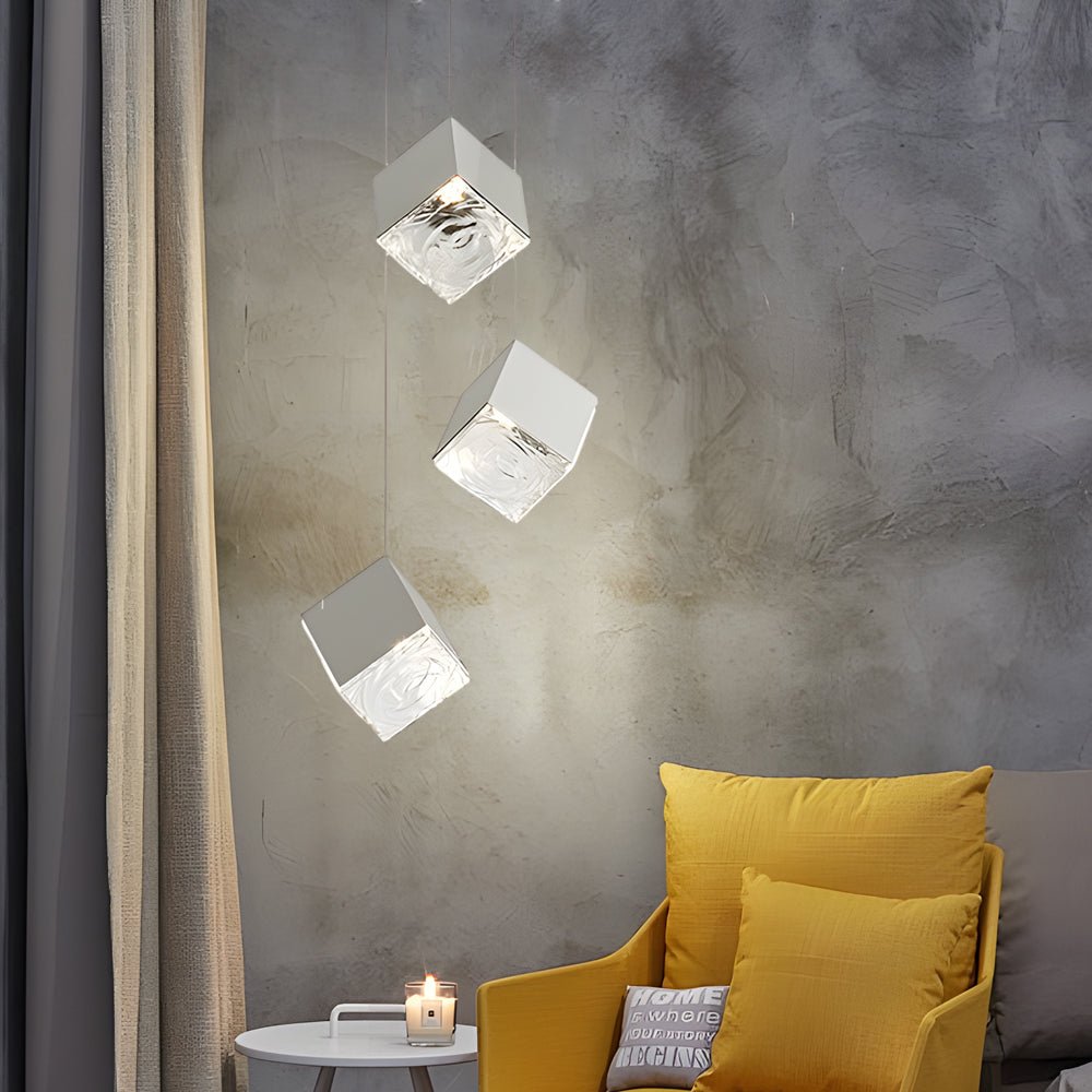 Modern Glass Cube Staircase Chandelier in Gold or Chrome Finish