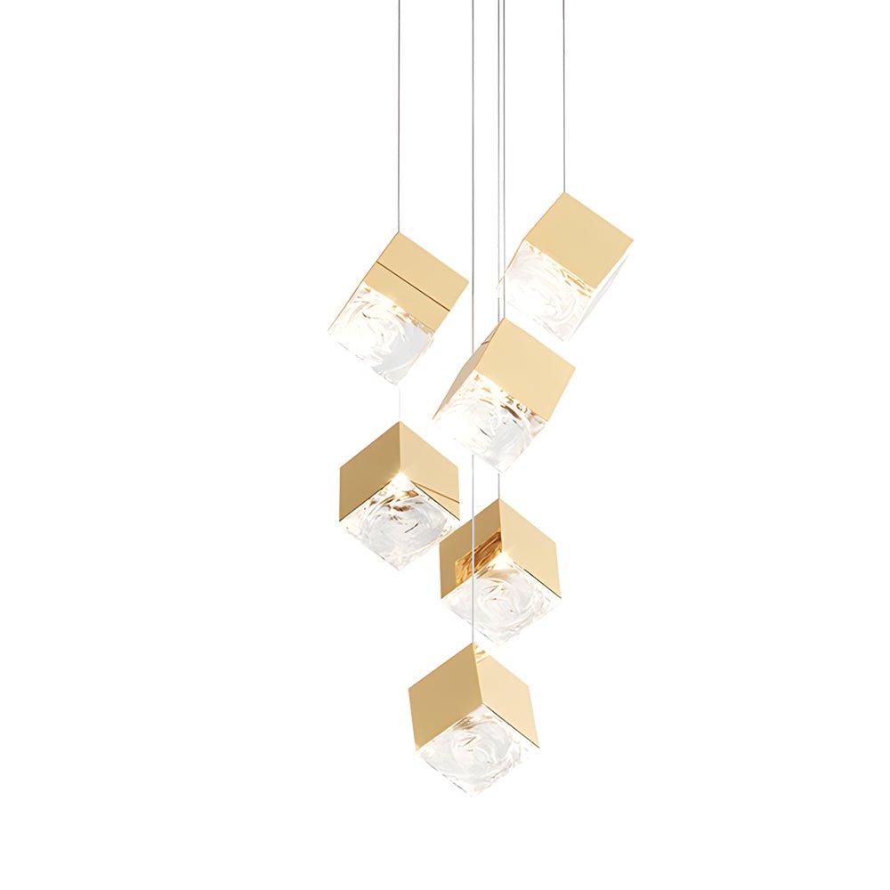 Modern Glass Cube Staircase Chandelier in Gold or Chrome Finish