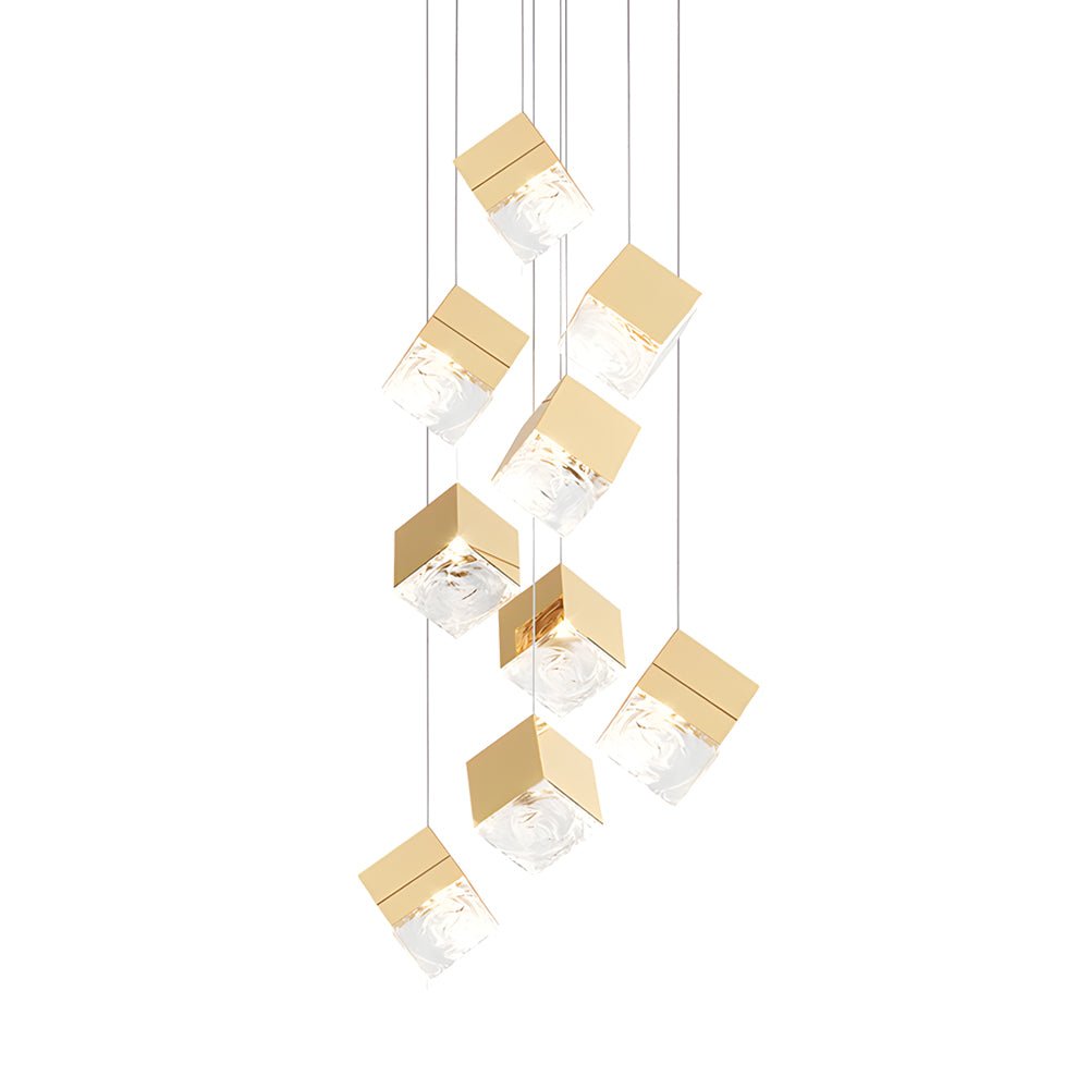 Modern Glass Cube Staircase Chandelier in Gold or Chrome Finish