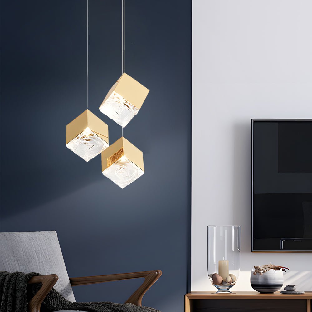 Modern Glass Cube Staircase Chandelier in Gold or Chrome Finish
